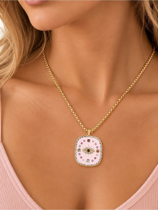 Anthropologie Jewelry - Gold Pink Evil Eye Pendant Necklace with Crystal Accents Y2K